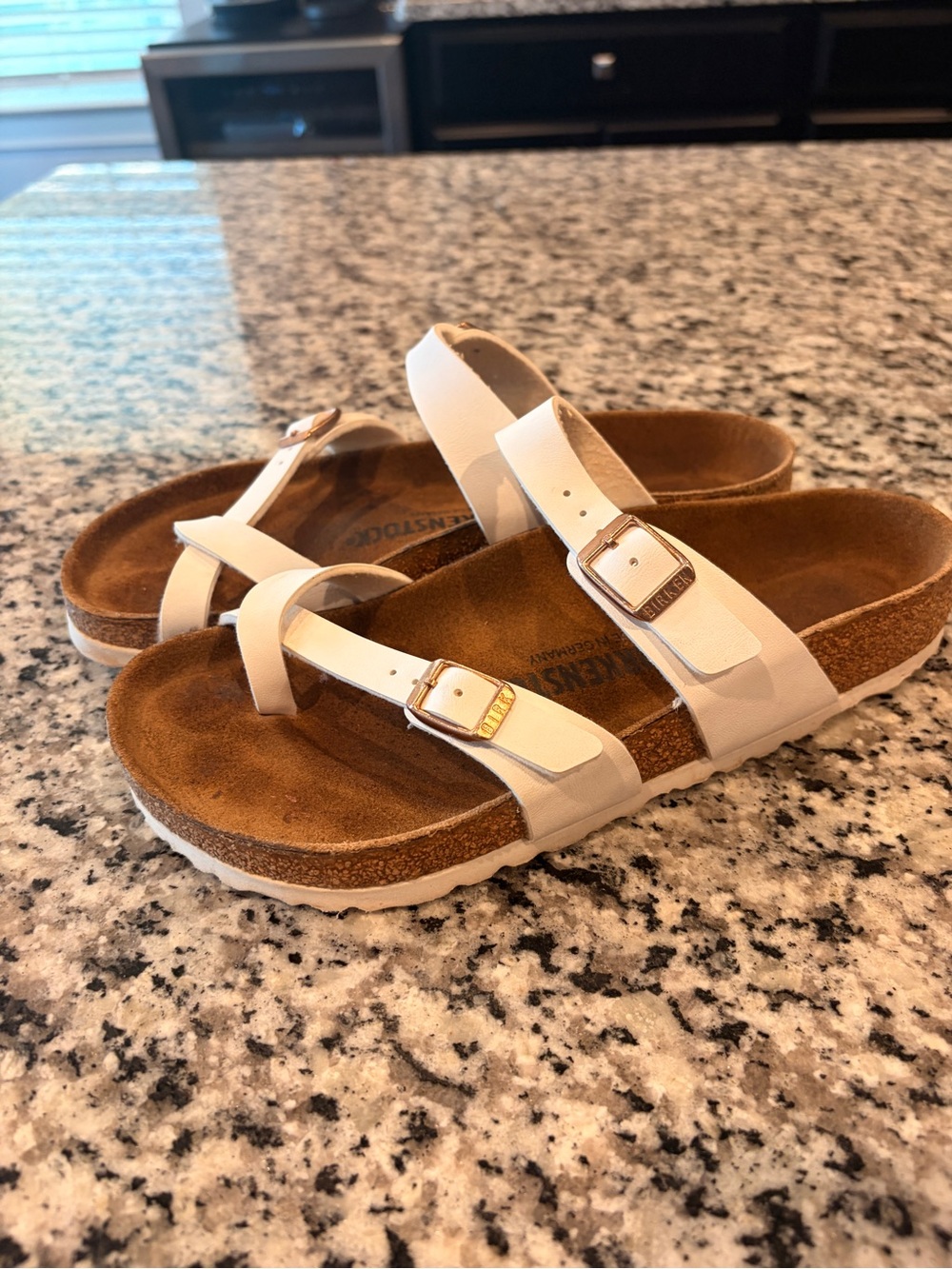 Birkenstock size 38/ equivalent to 8.5 White Two-Strap Cork Footbed Sandals